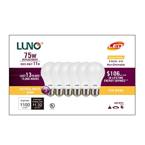 Luno A19 Non-Dimmable Led Bulb, 11W (75W Equivalent), 1100 Lumen, 4000K (Neutral White), Medium Base (E26), Ul Certified (6-Pack