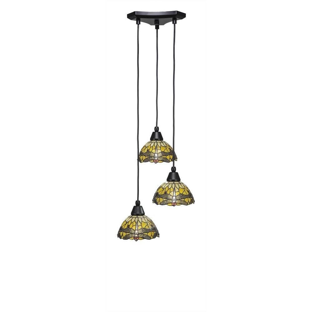 Toltec Lighting 28-Mb-9465 Europa 3 Light Multi-Light Mini Pendant With Amber Dragonfly Glass, 7&quot;, Matte Black