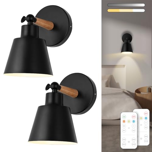 Bimean Black Battery Operated Wall Sconce Set Of Two, Easy To Install Wireless Lights For Wall, Remote Control Dimmable Led Lights, Auto Timer Wall Lamp Fixtures For Bedroom, Gallery, Living Room, Rv
