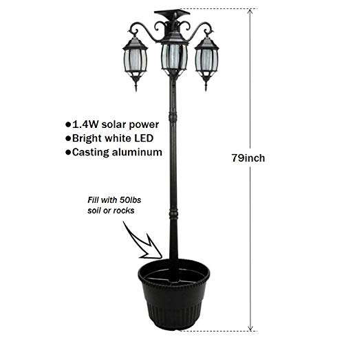 Westcharm Outdoor Round Planter with 3-Head LED Solar Lamp Post - 18in Dia., Black, Model 302002 Madison, Aluminum