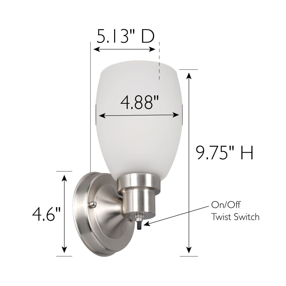 Design House Lydia Wall Sconce, 1 Light, Frosted Glass, Dimmable, Twist On/Off Switch, Satin Nickel, 4.88 In X 5.125 In X 9.75 I