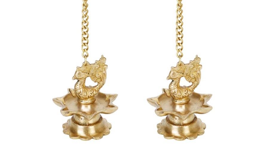 Kartique Brass Wall Hanging Diya (3 x 3 x 16 inches, Gold) Peacock Oil Lamp for Home Mandir Entrance Deepak Deepam Decor Temple