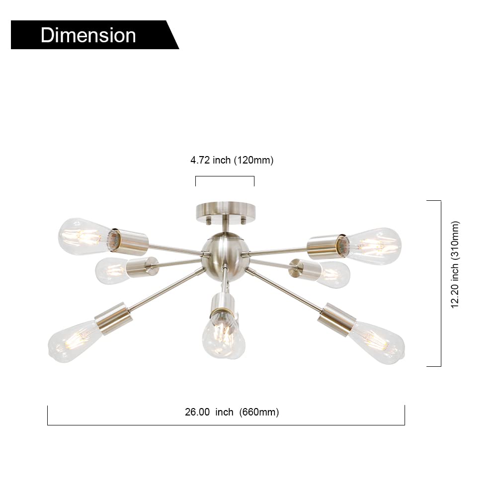 BONLICHT Contemporary 8 Light Sputnik Chandelier, Brushed Nickel, Semi Flush Mount Ceiling Light for Kitchen, Dining Room, Bedroom