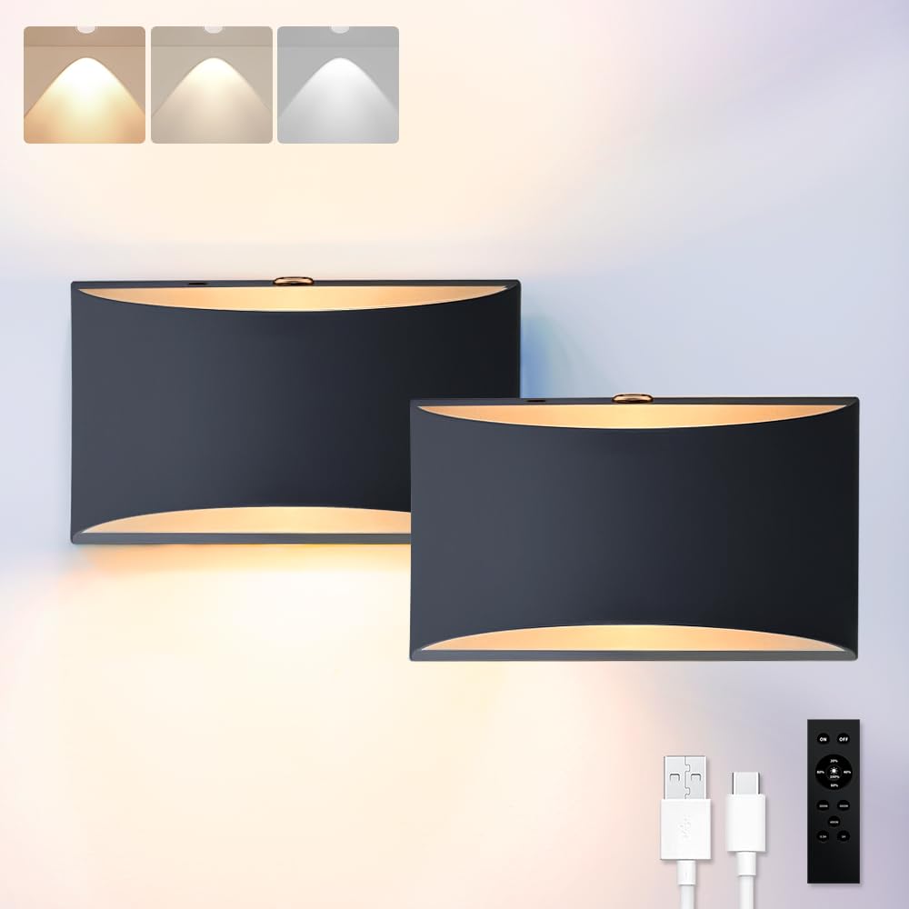 Blueye 2-Pack Battery Operated Wall Sconce, Remote Control, Dimmable, 600 Lumens, Black