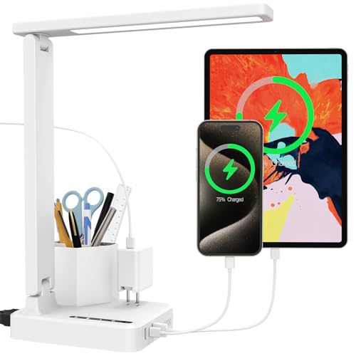 COZOO Dimmable Desk Lamp with USB & Type C Ports, Pen Holder, White Plastic