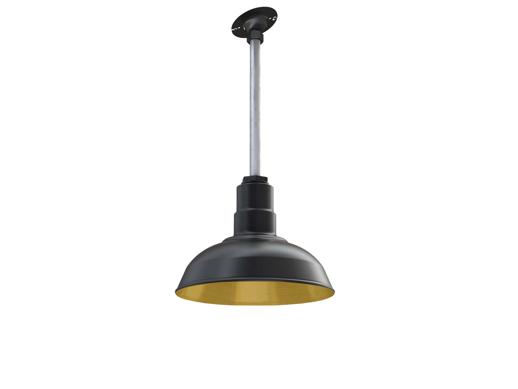 Steel Lighting Co. Barn Light Pendant, 12in Dome, Sloped Stem, Heavy Duty Alloy Steel, Matte Black/Brass Interior, Model S12-07-PR12-08-SL