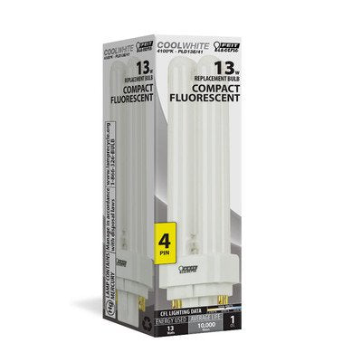 Feit Electric 13-Watt Fluorescent PL Bulb, Model PLD13E/41, Plastic, No Color