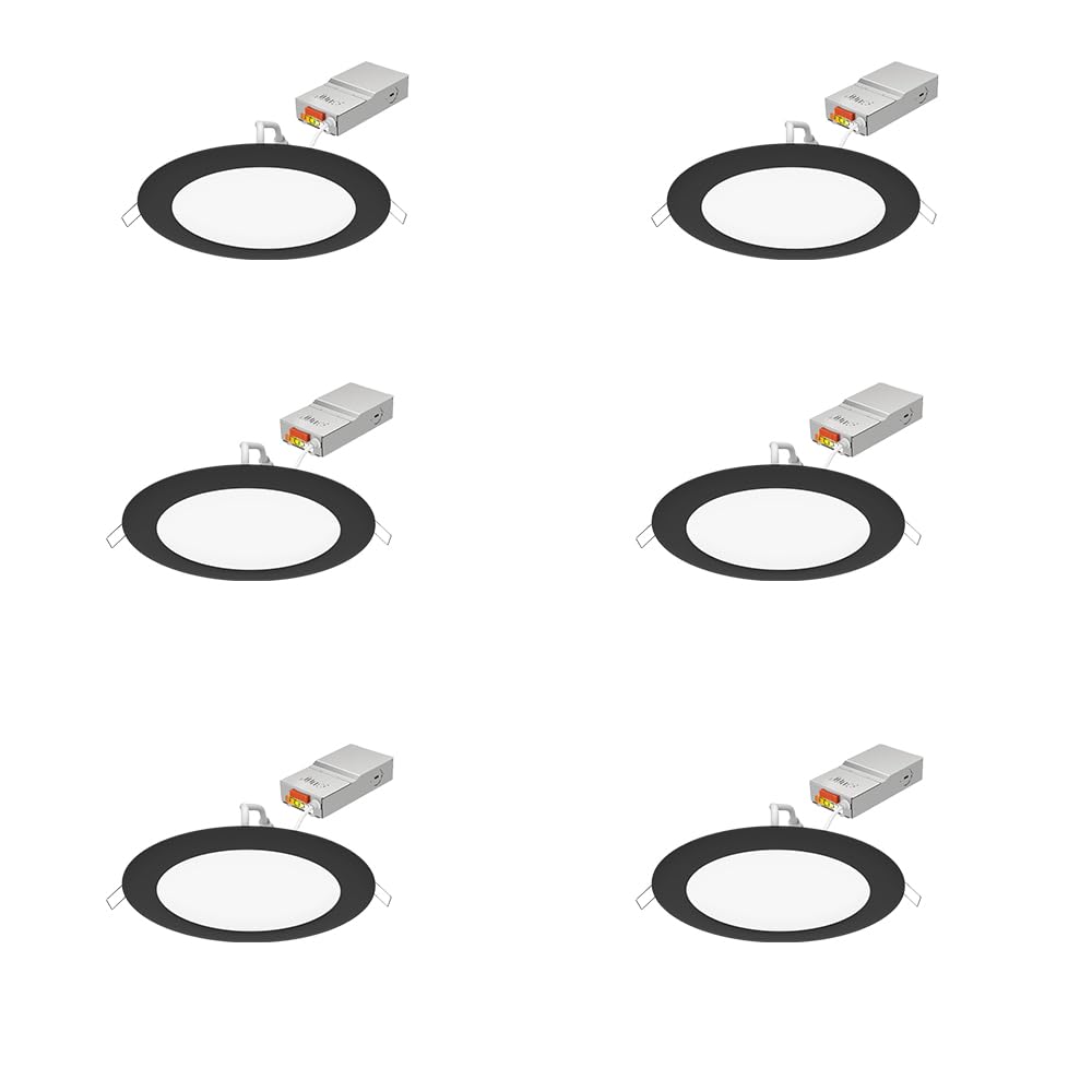 Juno Led Recessed Lights 6 Inch, Round Wafer Downlight, Switchable Color Temperature 2700K/3000K/3500K/4000K/5000K, 120 Volts, 6-Inch Ultra Thin Trim (6-Pack), Matte Black (Wf6 Sww5 90Cri Cp6 Mb M2)