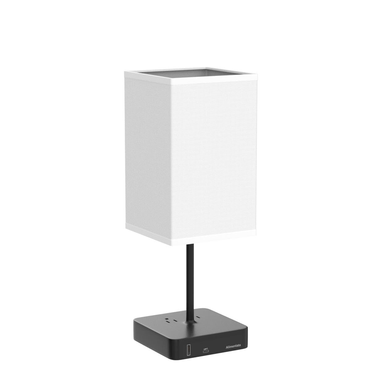 Alimentata Touch Control Bedside Table Lamp with USB C & A, 2 AC Outlets, White Fabric Shade, Model H06