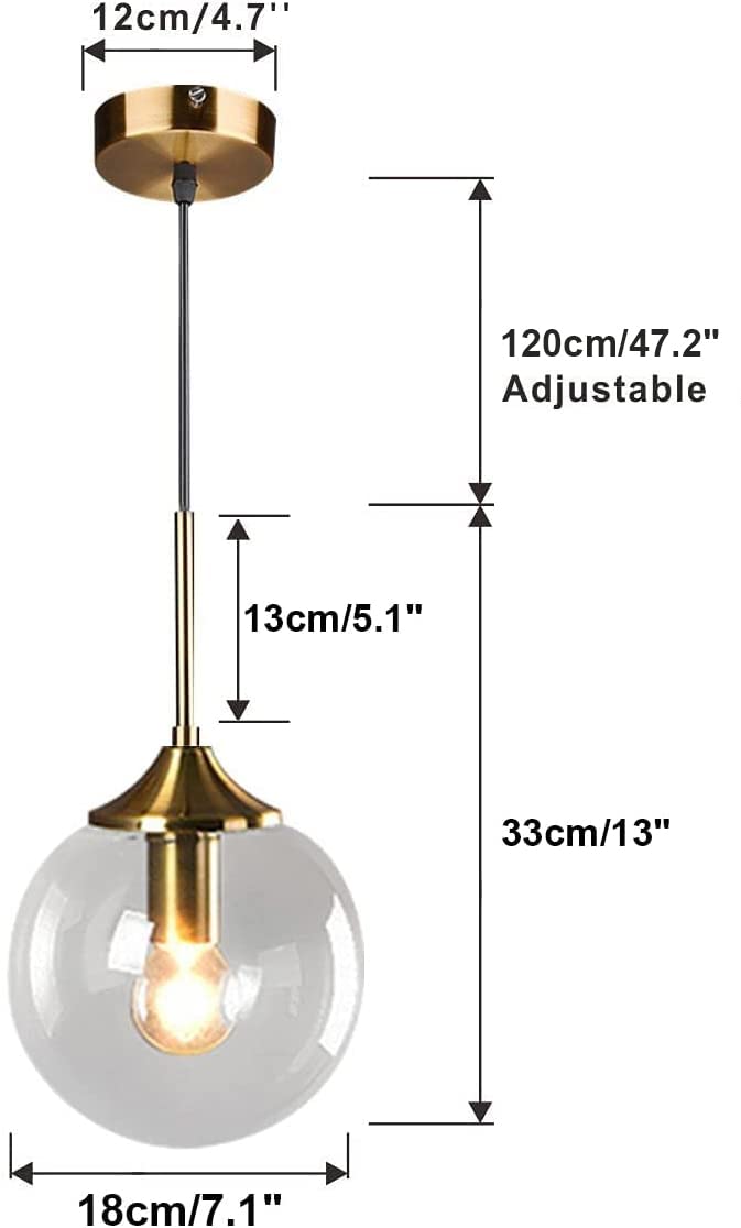 KCO Lighting Clear Glass Globe Pendant Light Fixture, 1-Light Mid Century Modern for Bedroom, Kitchen, Living Room