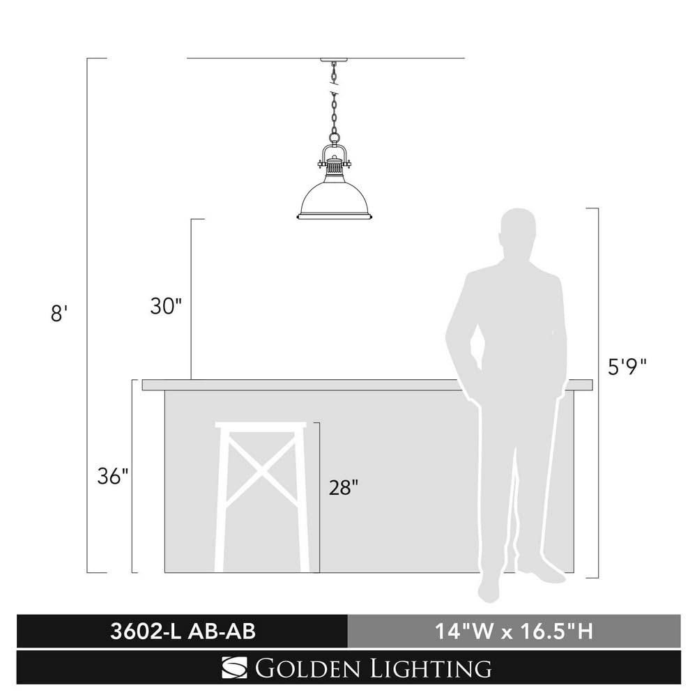 Golden Lighting Duncan Pendant Light, Alloy Steel, Large, Pewter with Matte Black Shade, Model 3602-L PW-BLK