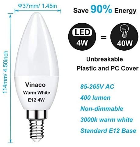 Vinaco E12 Led Bulb, 6 Pack E12 Candelabra Bulb 4 Watt Warm White 3000K, High Brightness 400Lm & 25000+ Long Lifespan Bulb, E12