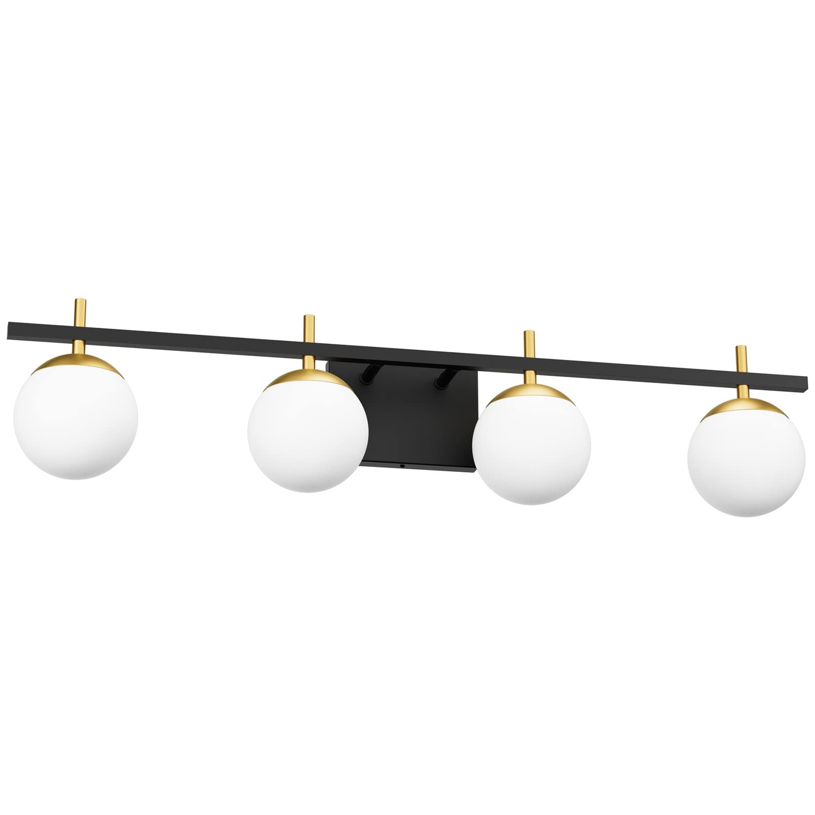 Ralbay Mid Century Modern 4-Light Vanity Light Fixture, Black/Gold, Metal, Model 1100, Milky Glass, Bathroom Over Mirror Lighting