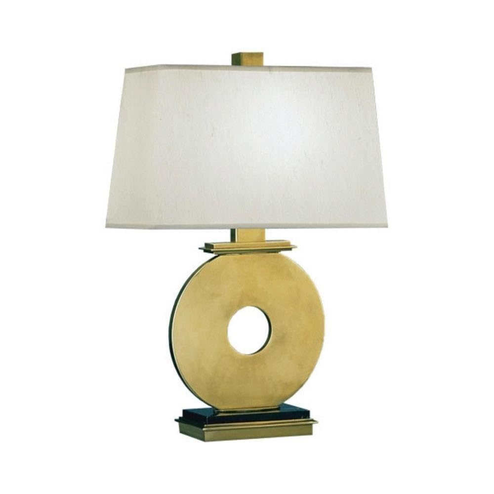 Robert Abbey 125 Lamps with Rectangular Pale Shell Dupioni Fabric Shades, Antique Brass Finish