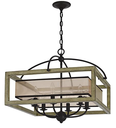 Cal Lighting FX-3781-6 Palencia Chandelier, Rubber Wood, Organza Shade, Distressed Oak