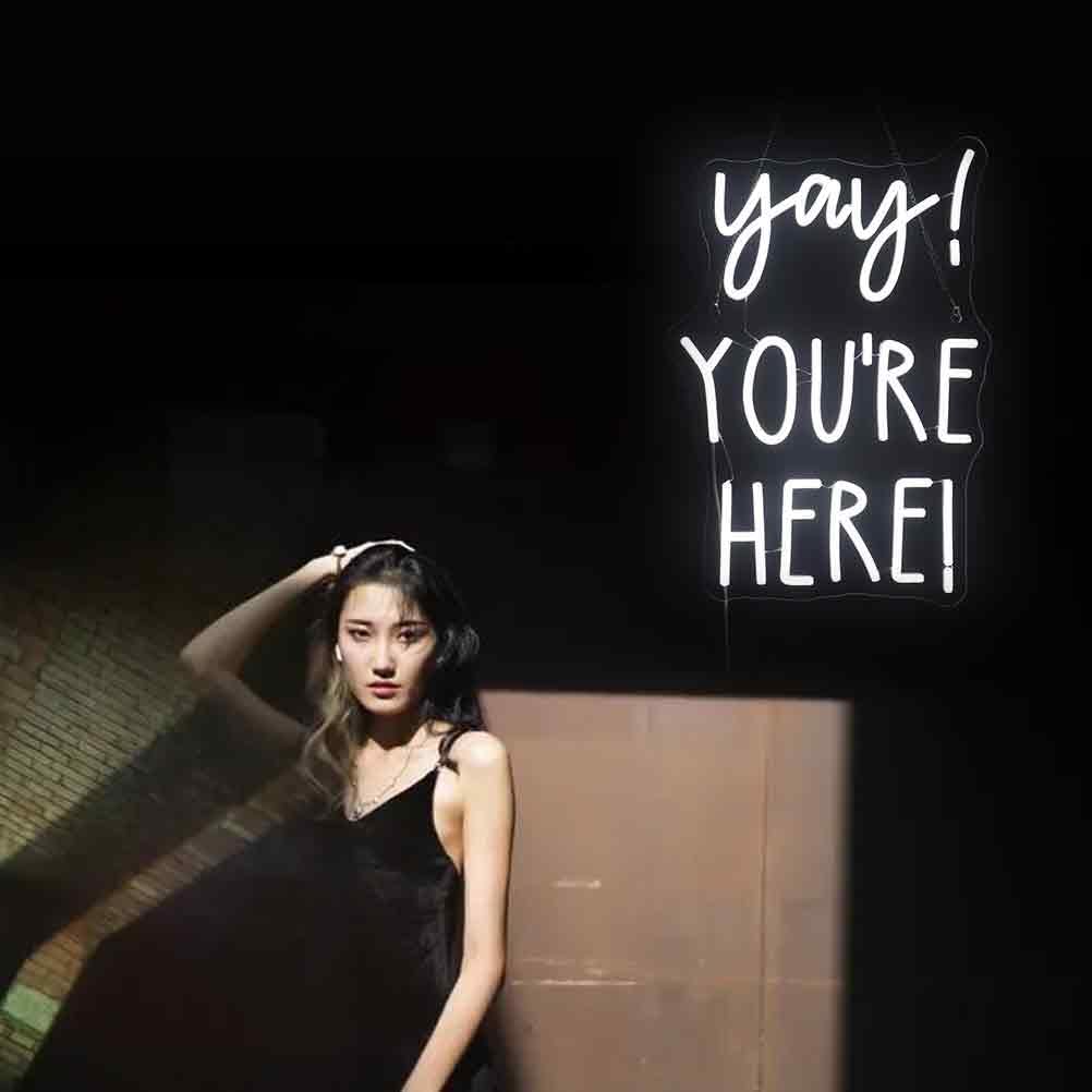 QiaoFei Neon Sign - "Yay! You're Here!" Positive Quotes Wall Decor, 12" Square, White, Silicone, Model QFLGT240914013