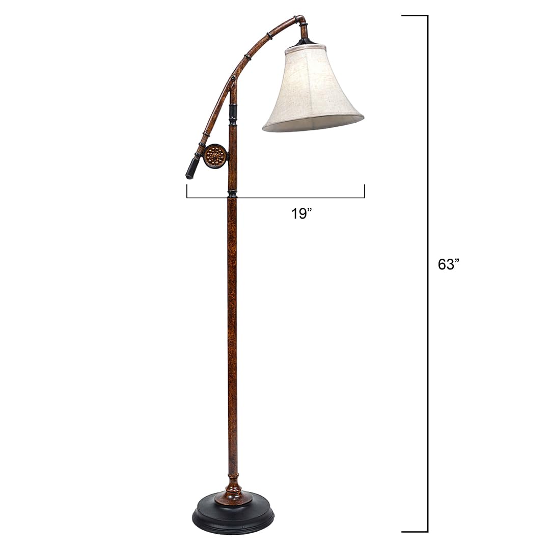 Black Forest D?Or - Fishing Pole Floor Lamp With Linen Shade, Cast Resin Construction - Vintage Lakeside Style - 19'' W X 63'' H