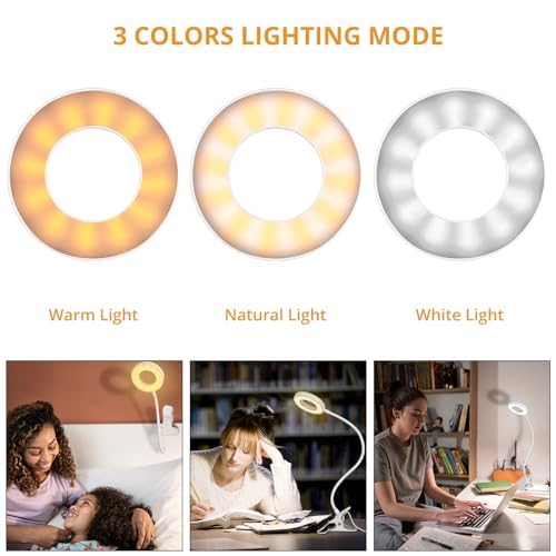 Desk Clip On Lamp For Reading Home Office, With 5V 2A Adapter, 10 Dimmable Brightness 3 Modes, Clamp Reading Light For Bed Headboard, Craft (White)…