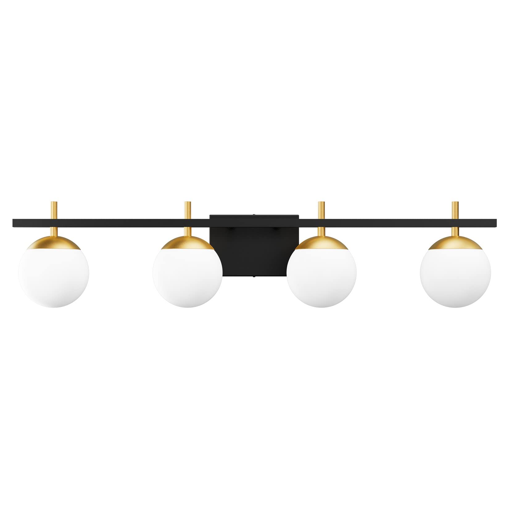 Ralbay Mid Century Modern 4-Light Vanity Light Fixture, Black/Gold, Metal, Model 1100, Milky Glass, Bathroom Over Mirror Lighting