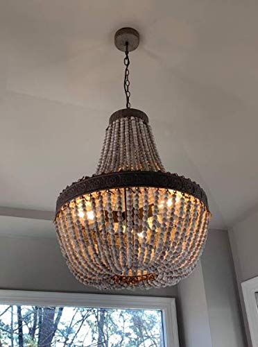 Newrays Wood Beaded Chandelier Pendant Light - 3 Lights, Gray White Finish, 18.52" x 21.3", Retro Vintage Rustic Ceiling Lamp