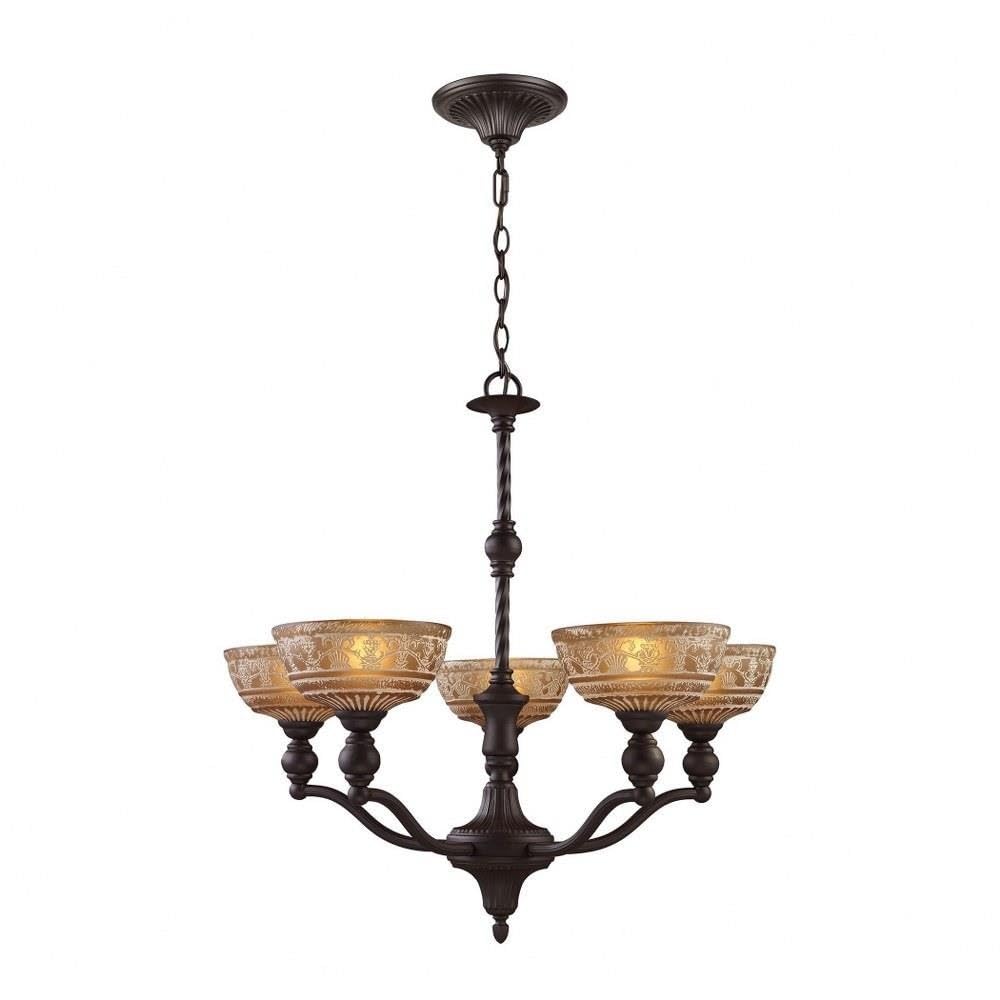 Elk Home Norwich 5-Light Chandelier - 28-Inch Oiled Bronze Ceiling Light with Amber Restoration Glass Shades, Traditional Old-Wo