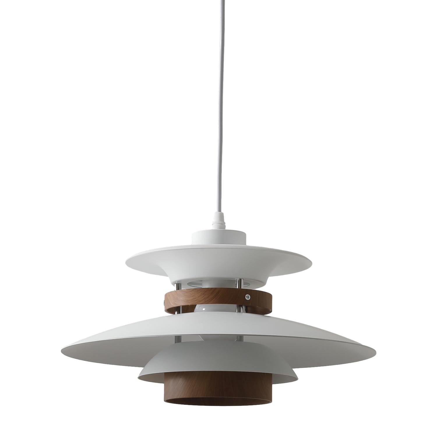 EFINEHOME Modern Pendant Lamp, 1-Light E26, Aluminum & Wood Finish, 35cm, White+Dark Wood Grain, Model EFLM22385H