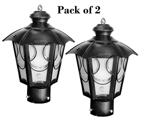 Lyse Decor Modern Design Stairs Shape Waterproof Gate Light, Pillar Lamp, Garden (Pair of 2 Pieces) (Black and Clear Glass)
