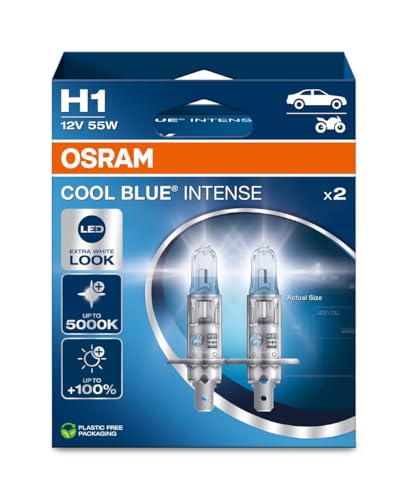 OSRAM COOL BLUE INTENSE H1, +100% more brightness, up to 5,000K, halogen headlight lamp, LED look, duo box (2 lamps) 64150CBN-HC