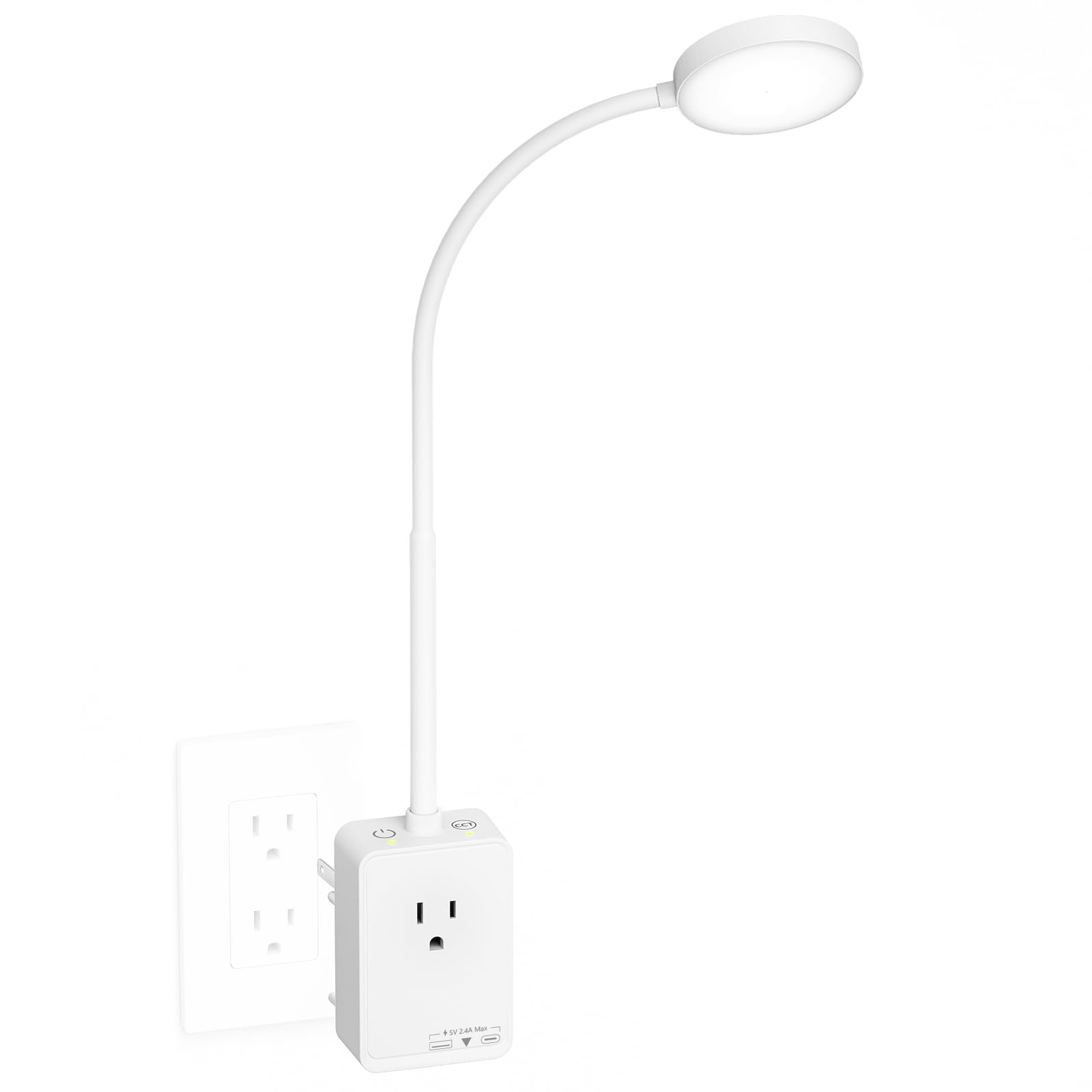 PRINCEWAY Plug in LED Bedroom Kitchen Wall Lamp, White Flexible LED Dimmable Reading Light with Power Plug Outlet Extender for R