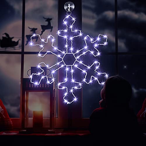 Hiboom 2 Pack 12" Cool White Snowflake Window Lights with LED String, Battery Powered, 8 Modes for Christmas Indoor Decor, Model CW-Hiboom-31051