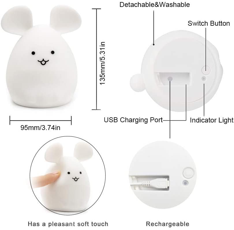 Tianhaixing Rechargeable LED Mouse Night Light, Soft Silicone, Remote & Touch Control, Adjustable Brightness & Colors, White, Model THX885