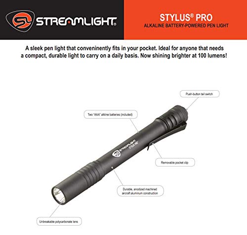 Streamlight Stylus Pro Penlight, 100-Lumen, Aluminum, Black, Model 66118 with 2 AAA Alkaline Batteries