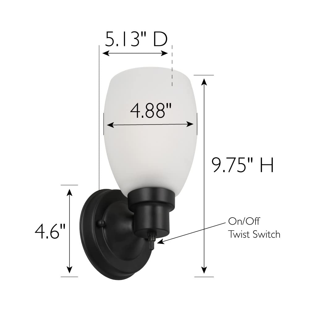 Design House Lydia Wall Sconce, 1 Light, Frosted Glass, Dimmable, Twist On/Off Switch, Matte Black, 4.88 In X 5.125 In X 9.75 In