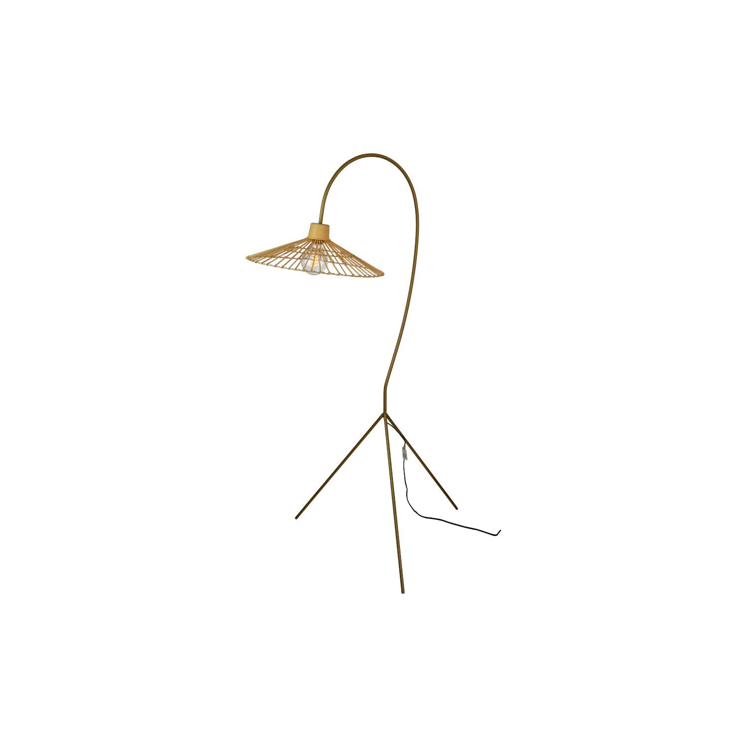 ANTIQUE BRASS FINISH FLOOR LAMP WITH RATTAN UMBRELLA SHADE