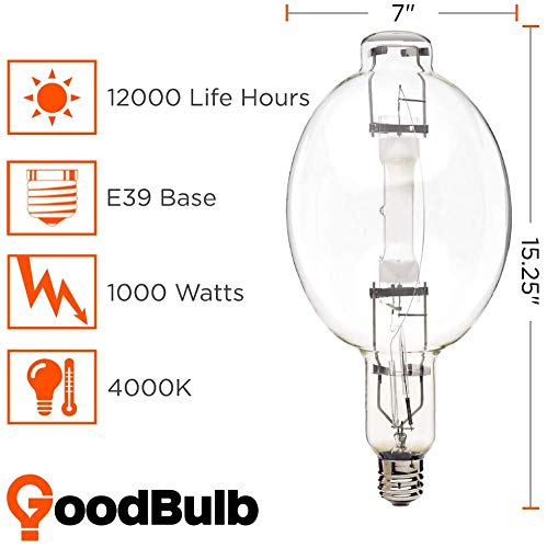 Goodbulb 1000-Watt Metal Halide Hid Light Bulb E39 Base Bt56 Ansi Code M141 High Output Hid Light 4000K Cool White Light Color Clear Finish Car Dealership Lighting Pack Of 2 Bulbs