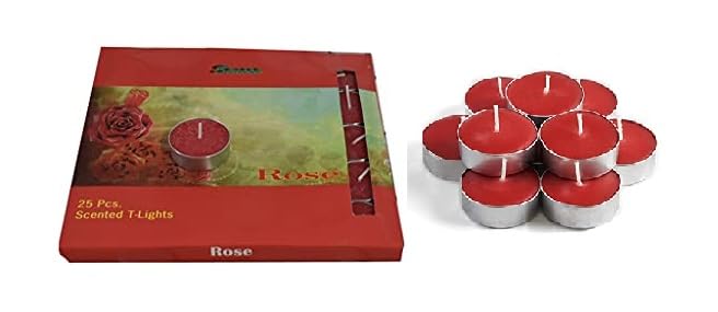 Stone & Feather, Rose Scented T-Light Candles (Red) Paraffin Wax Long Burning time -5Hours Each, Pack of 25, for Diwali, Home De