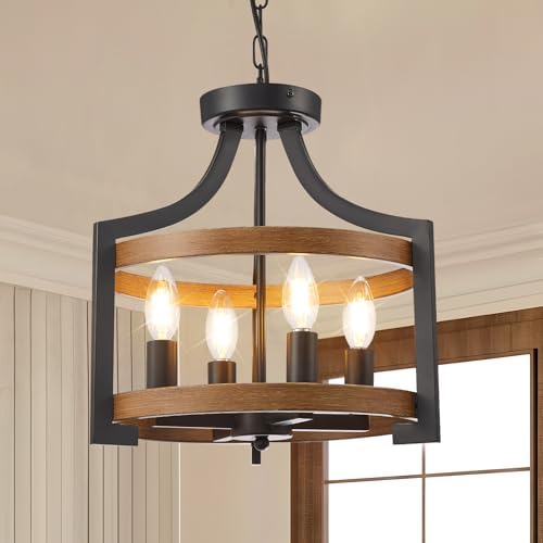 Hoxiya Farmhouse Chandelier, Convertible Semi Flush Mount Ceiling Light, 4 Light Modern Hanging Pendant Lighting, Black And Faux