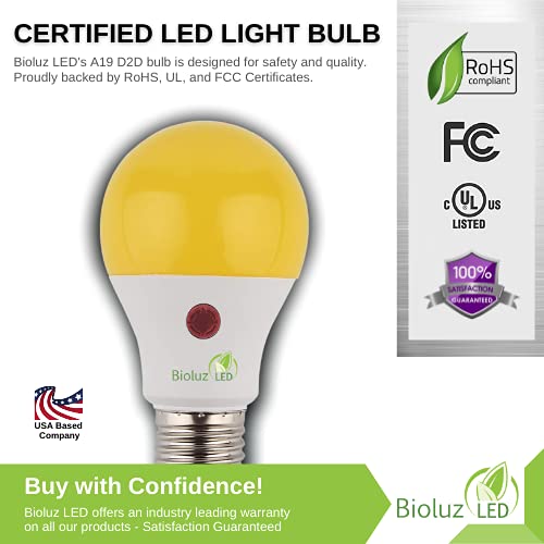 Bioluz Led 3 Pack Yellow Dusk To Dawn Bug Light Bulbs, 9W (60W Equivalent) A19 Led Light Bulb With Photocell Sensor, Auto On/Off