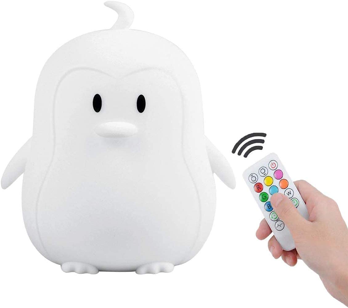 Tianhaixing Night Light - Rechargeable LED Silicone Penguin Lamp, 9 Colors, Touch & Remote Control, White, Model THX8861-6