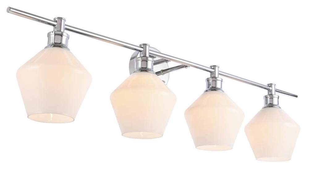 Living District Gene Industrial Mid-Century Modern 4 Light Entryway and Bathroom Wall Sconce in Chrome and Frosted White Glass
