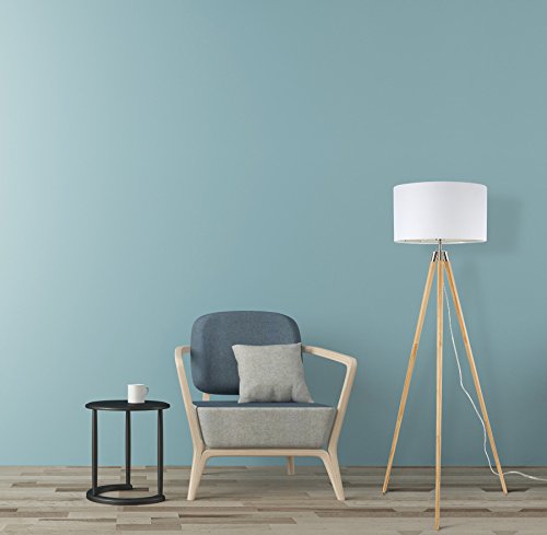Light Society Celeste Tripod Floor Lamp, Natural Wood Legs with Satin Nickel Finish and White Fabric Shade, Mid Century Contempo