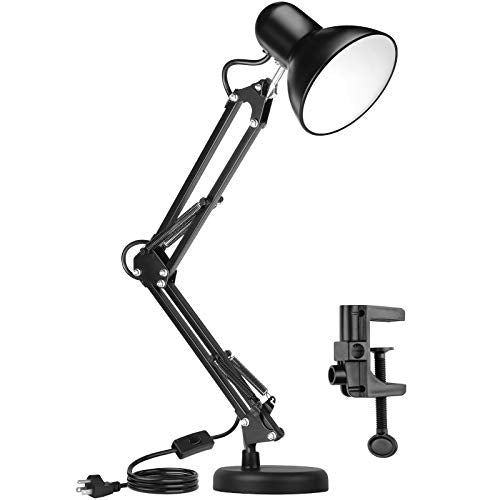 AmeriTop Metal Desk Lamp, Adjustable Arm, 18in Extension, Black, UL-Listed