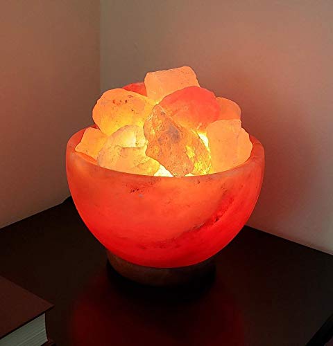 Spantik Himalayan Salt Lamp Bowl - Natural Crystal Chunks, Dimmer Cord, Classic Wood Base - Light Orange to Pink