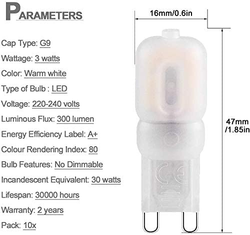 Velouer G9 LED Bulb 3W Dimmable 3000K Warm White 270LM 10 Pack
