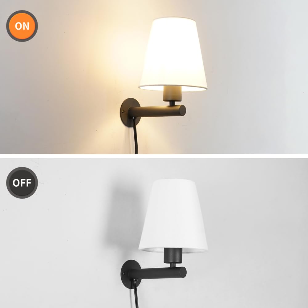 OIYIO Black Plug in Wall Sconces Set of Two, Metal Fabric Linen, 9.45in, Model 240927, Wall Lamp with On/Off Switch