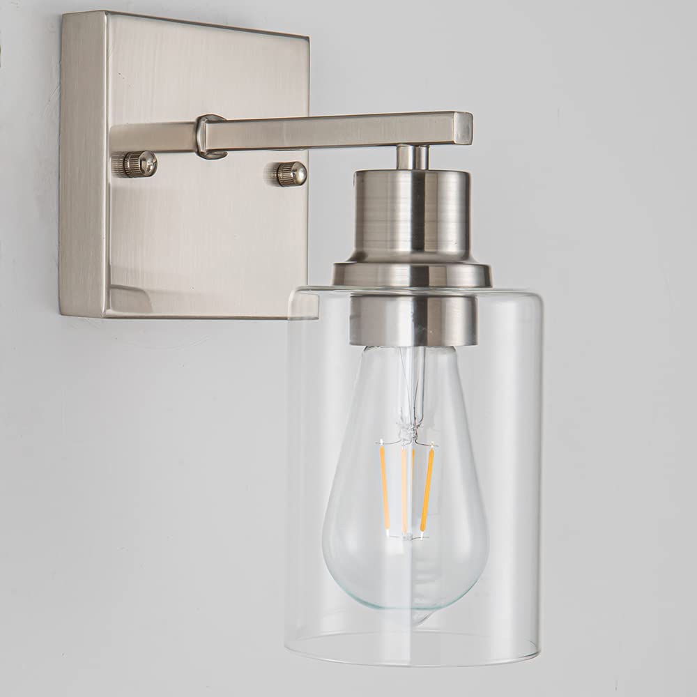 Emong Brushed Nickel Bathroom Light Fixtures, 1-Light Vanity Lights With Clear Glass Shade, Wall Sconces For Hallway, Farmhouse,