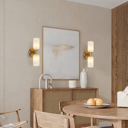 Alabaster Wall Sconce 14In Modern Spanish Natural Marble Bathroom Vanity Sconces  Antique Brass Sconces Wall Lighting  Gold Wall Light Fixtures Decor  For Bedroom Living Room Staircases Hallway