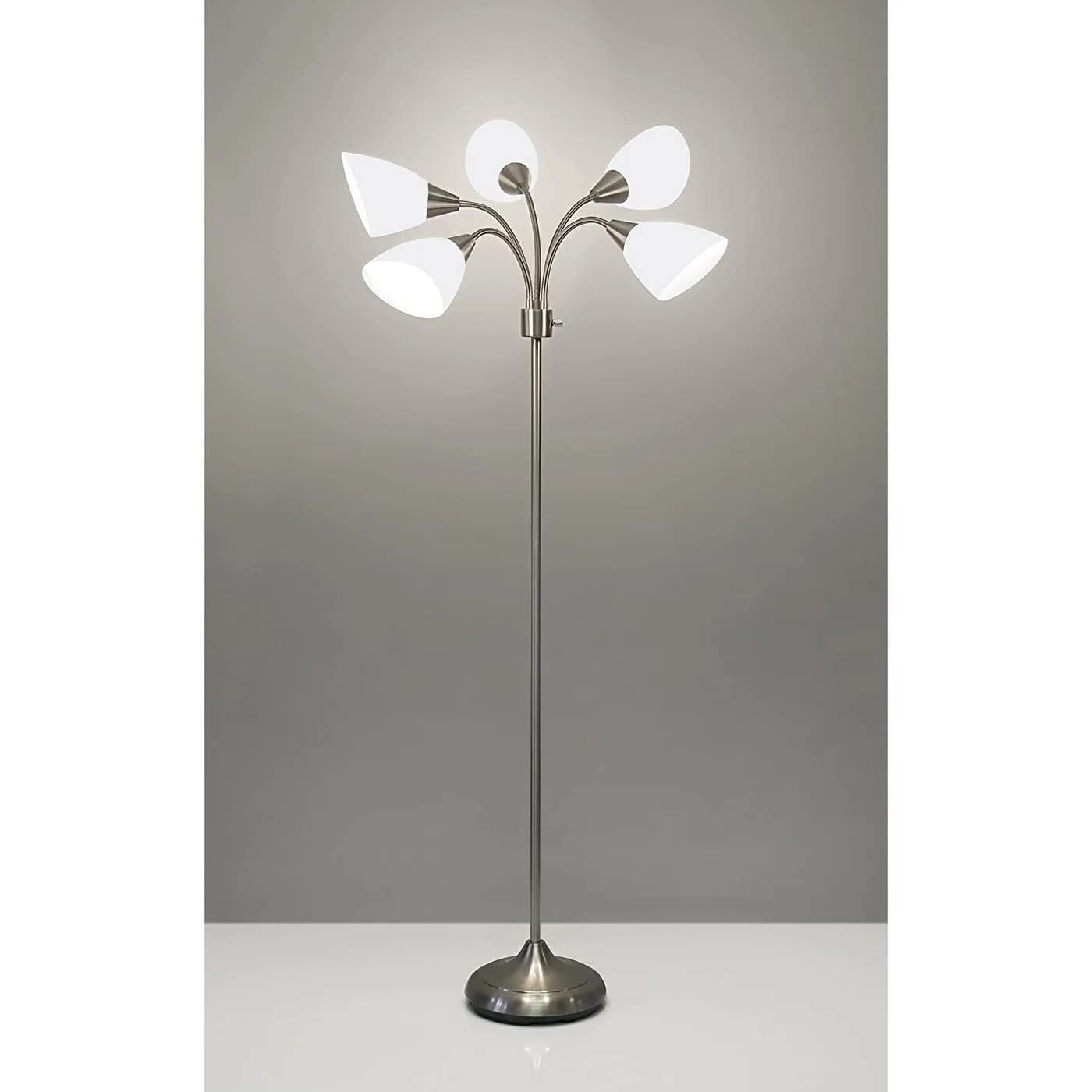 Adesso Multi-White Shade Floor Lamp, Adjustable Gooseneck Arms, Silver, Model 7205-22