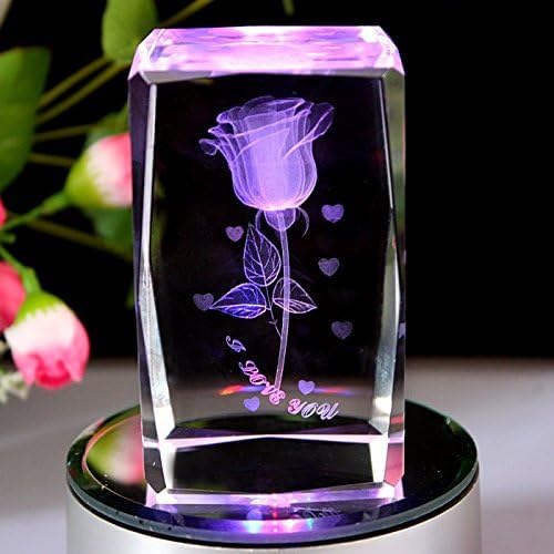 Gracesdawn K9 Crystal Material 3D Laser Etched Crystal Rotating Rose -4 Led Colorful Lights Can Be Rotated