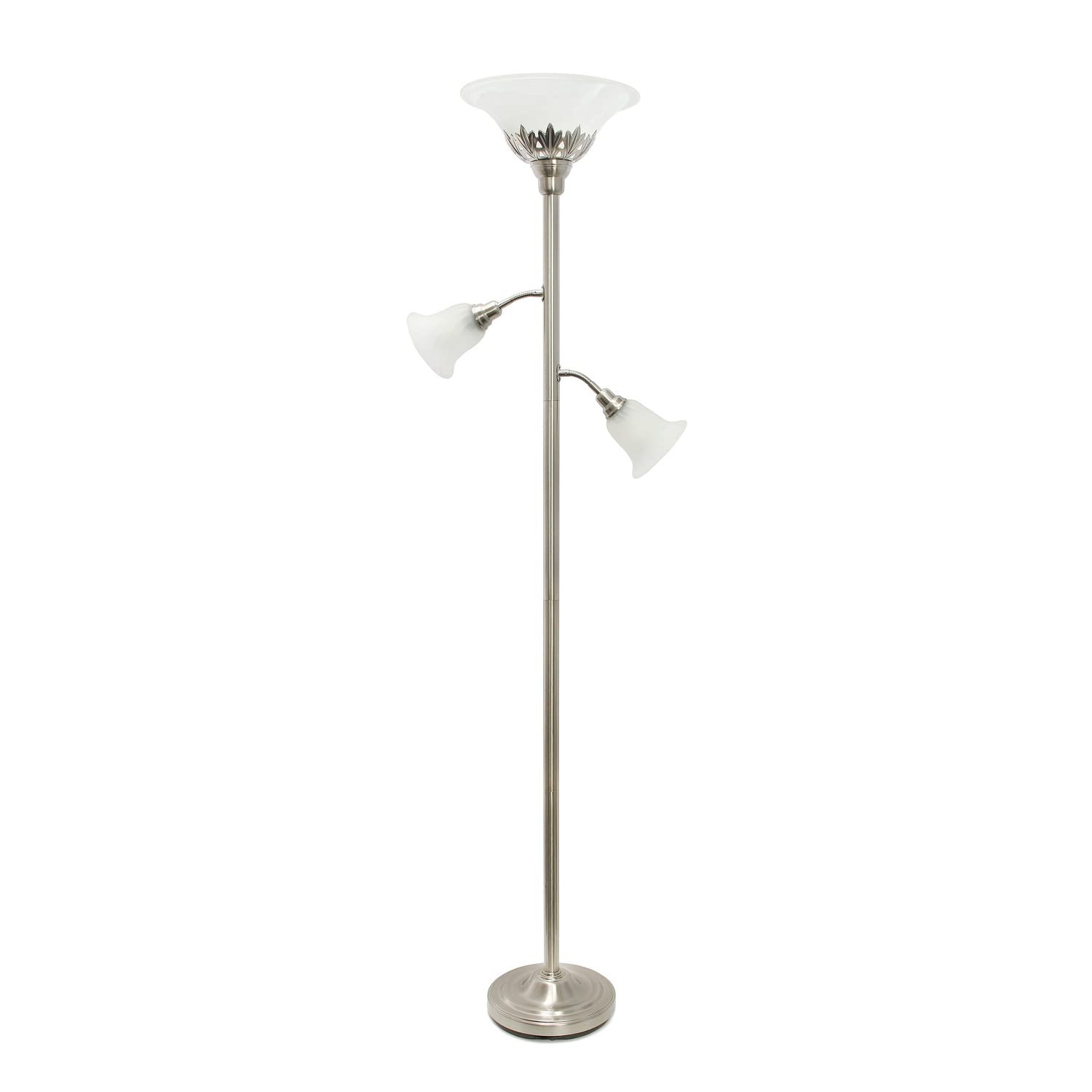 Lalia Home Torchiere Floor Lamp With 2 Reading Lights And Scalloped Glass Shades, Brushed Nickel